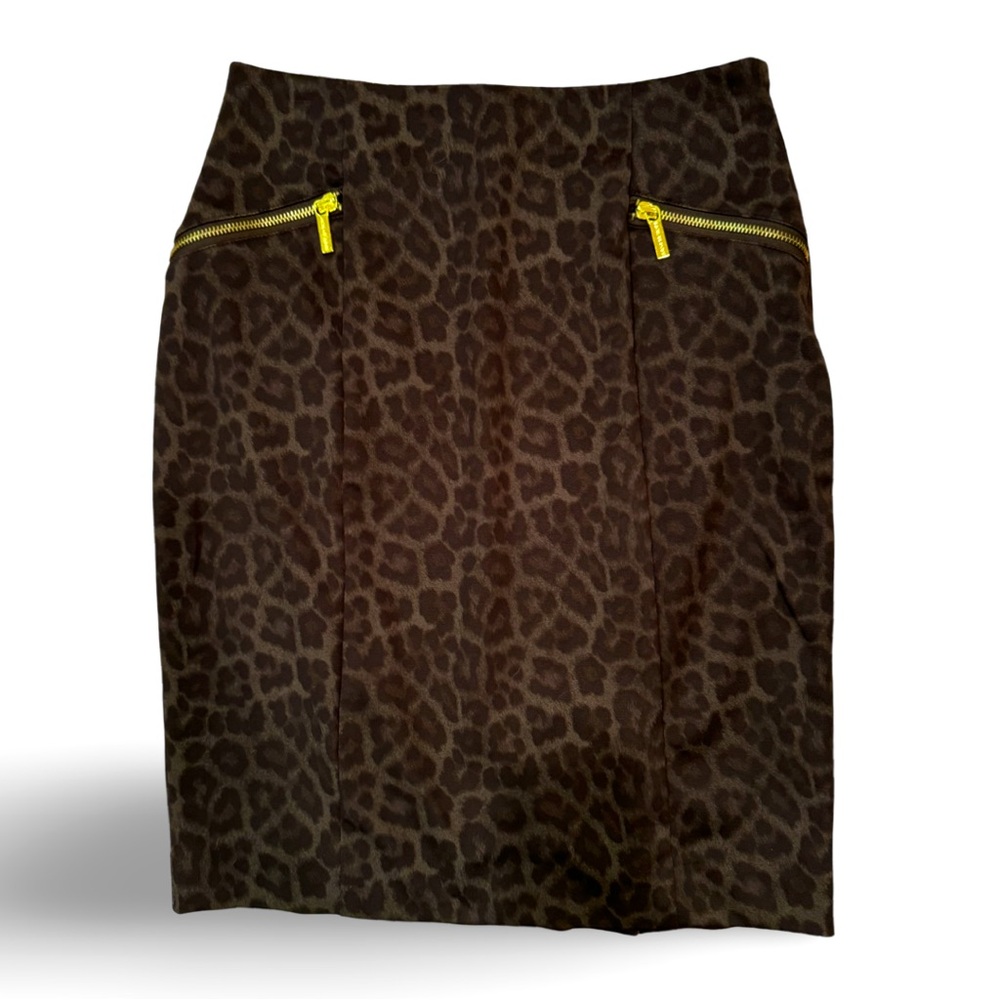 Michael Kors Skirt Womens Size 4P Brown Jaguar Print Zipper Slit Back Lined